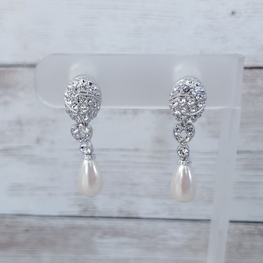 Vintage Clip On Earrings Silver Tone, Clear Gem, Faux Pearl Statement